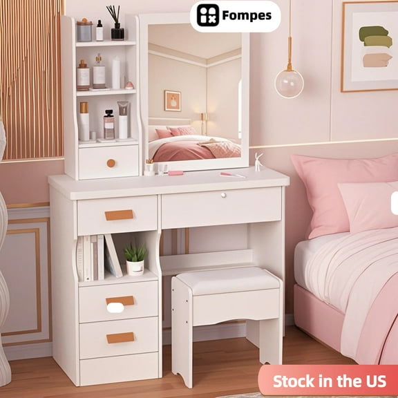 Fompes Vanity Desk with Sliding Mirror, Small Makeup Vanity Table Set with Stool 5 Storage Drawers 4 Shelves & Hidden Storage Space, Dressing Table for Women Girls Bedroom, White