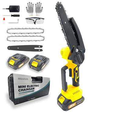 Mini Chainsaw, HSIAOLIN 6 inch Cordless Portable Electric Chain Saw, One-Hand Handheld, Lightweight, 2 Batteries& 2 Chains, Adjustable chain, Safety Lock, Yellow