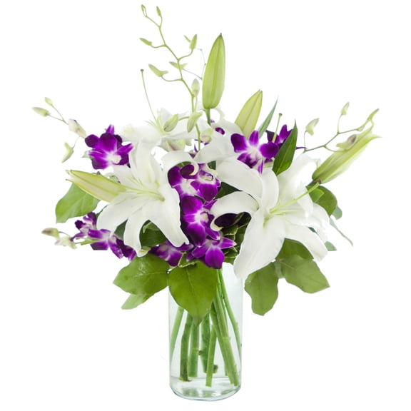 KaBloom : Bouquet of Fresh 3 White Oriental lily and 5 Purple Orchid with Vase, Gift for all occasions
