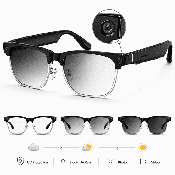 LUOMATE AI Smart Glasses with Camera for Men and Women, Bluetooth Smart Glasses, Photochromic Blue Light Lenses, HD Video, Calling, Music, 16Gb