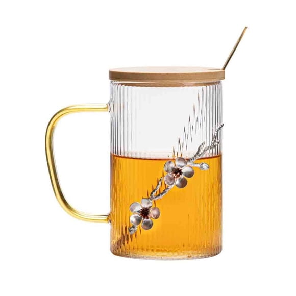 Tazas de vidrio con rayas verticales y decoración de flor de ciruelo, vasos de vidrio borosilicato de 15.6 oz con asa, cuchara y tapa.