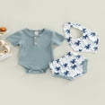 thumbnail image 4 of Infant Baby Boys Girsl 3Pcs Summer Clothes  Ribbed Short Sleeve Romper + Tree Shorts + Snap Triangle Bibs Blue 0-3 Months, 4 of 7