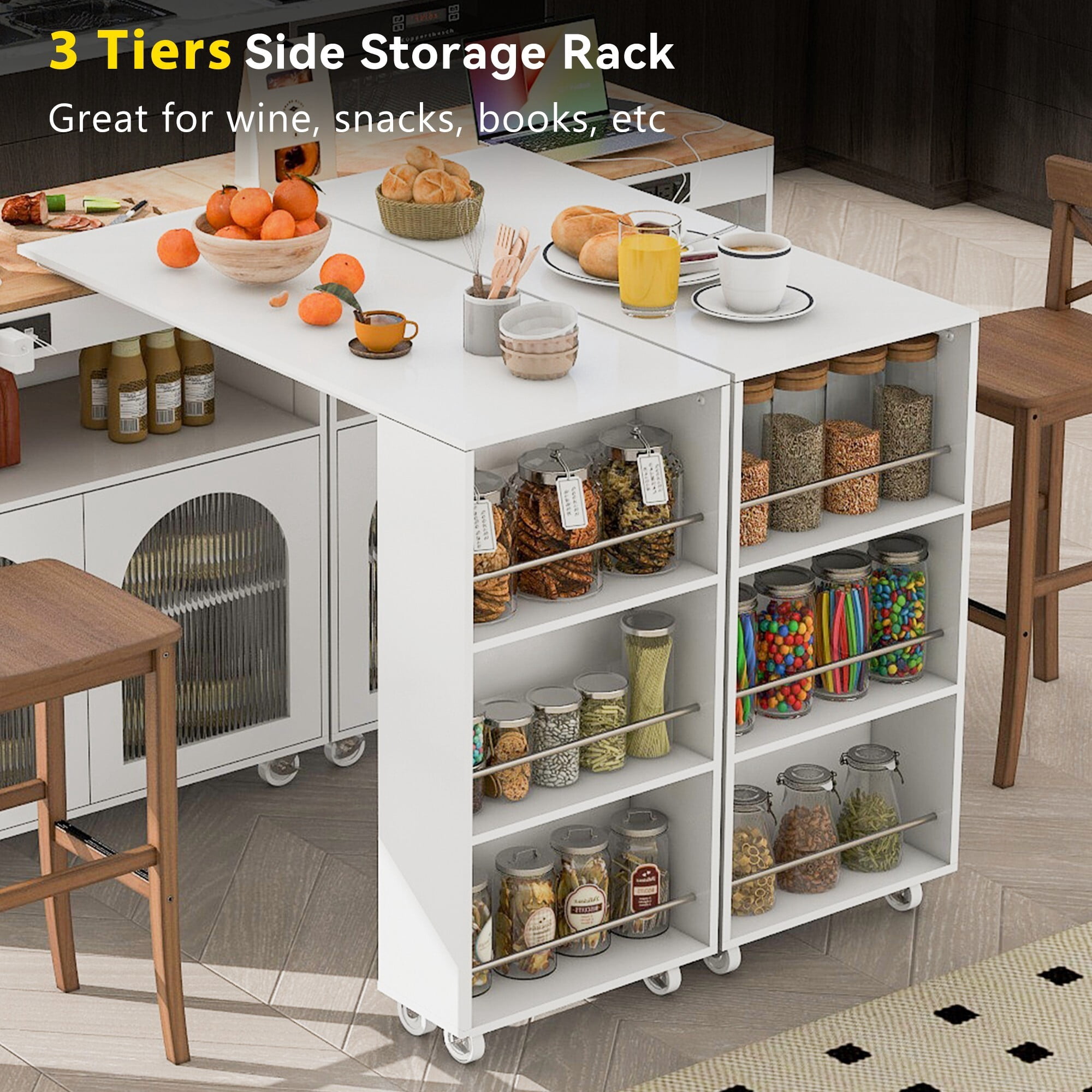 AENKYO Rolling Kitchen Island With Extended Table, Kitchen island on Wheels with LED Lights,Power Outlets,2 Fluted Glass Doors, Storage Compartment and Side 3 Open Shelves,White