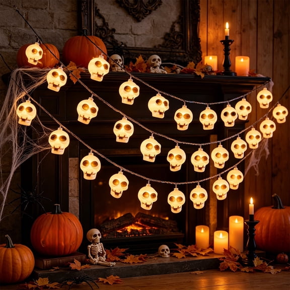 Skull Shaped String Lights, Warm White Halloween LED Decorative Lights, Spooky Ambient Light Strings, Battery Powered Waterproof Lighting for Indoor Halloween Party Home Decor (59in 10 Lights)
