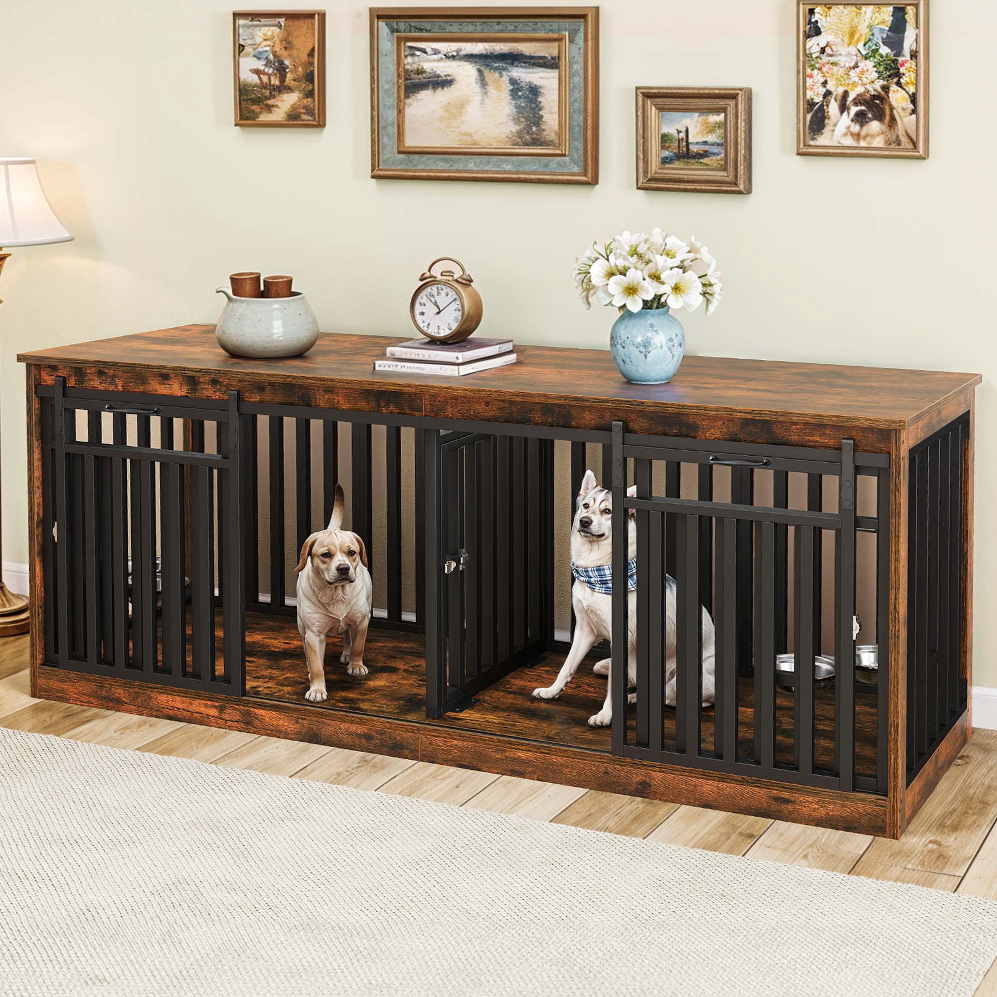 Dextrus 71" Dog Crate Furniture with 4 Dog Bowls for 2 Dogs, Heavy Duty Wooden Dog Kennel Crate TV Stand - Rustic Brown