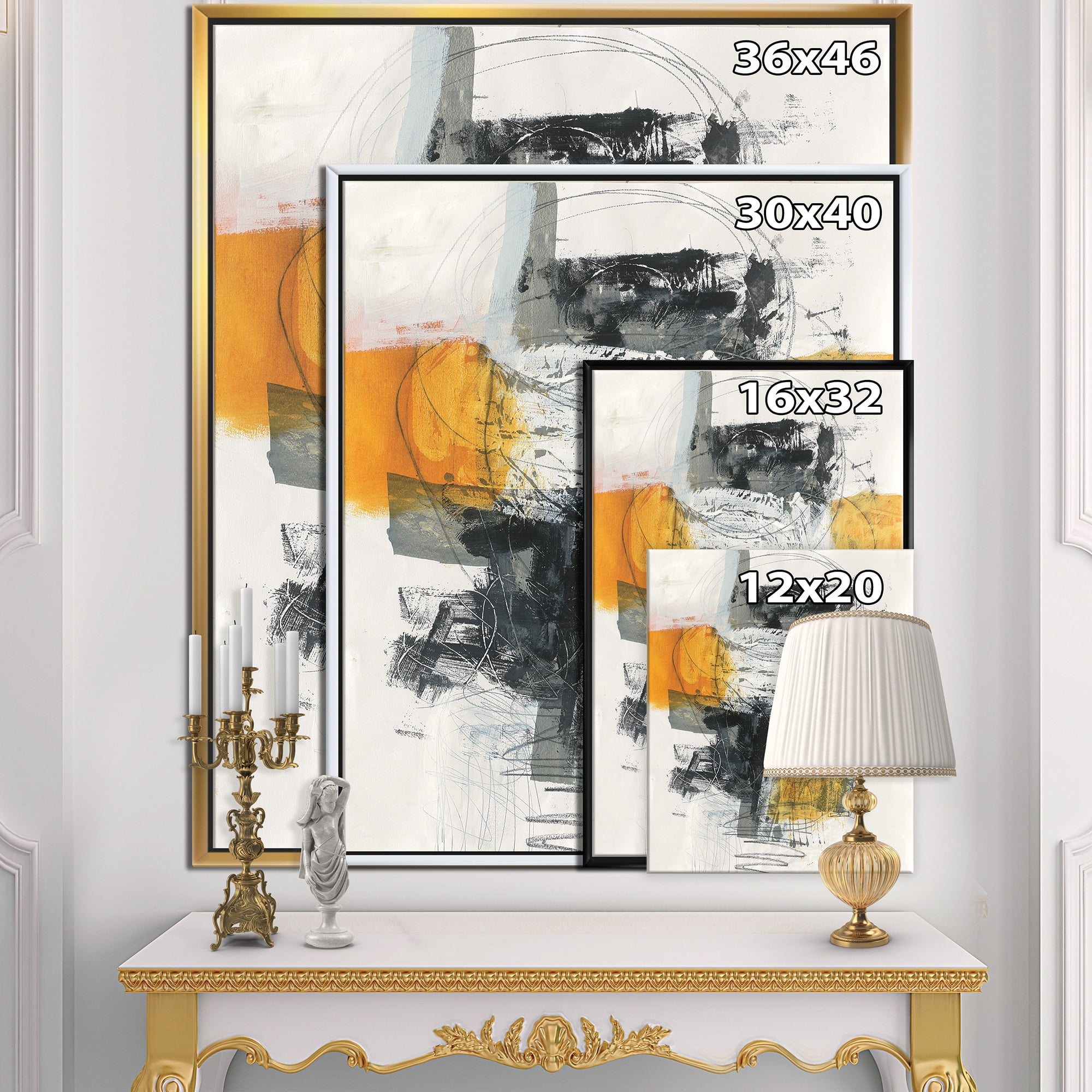 Designart ' Abstract Composition of Glamorous Yellow and Black ' Contemporary Framed Canvas