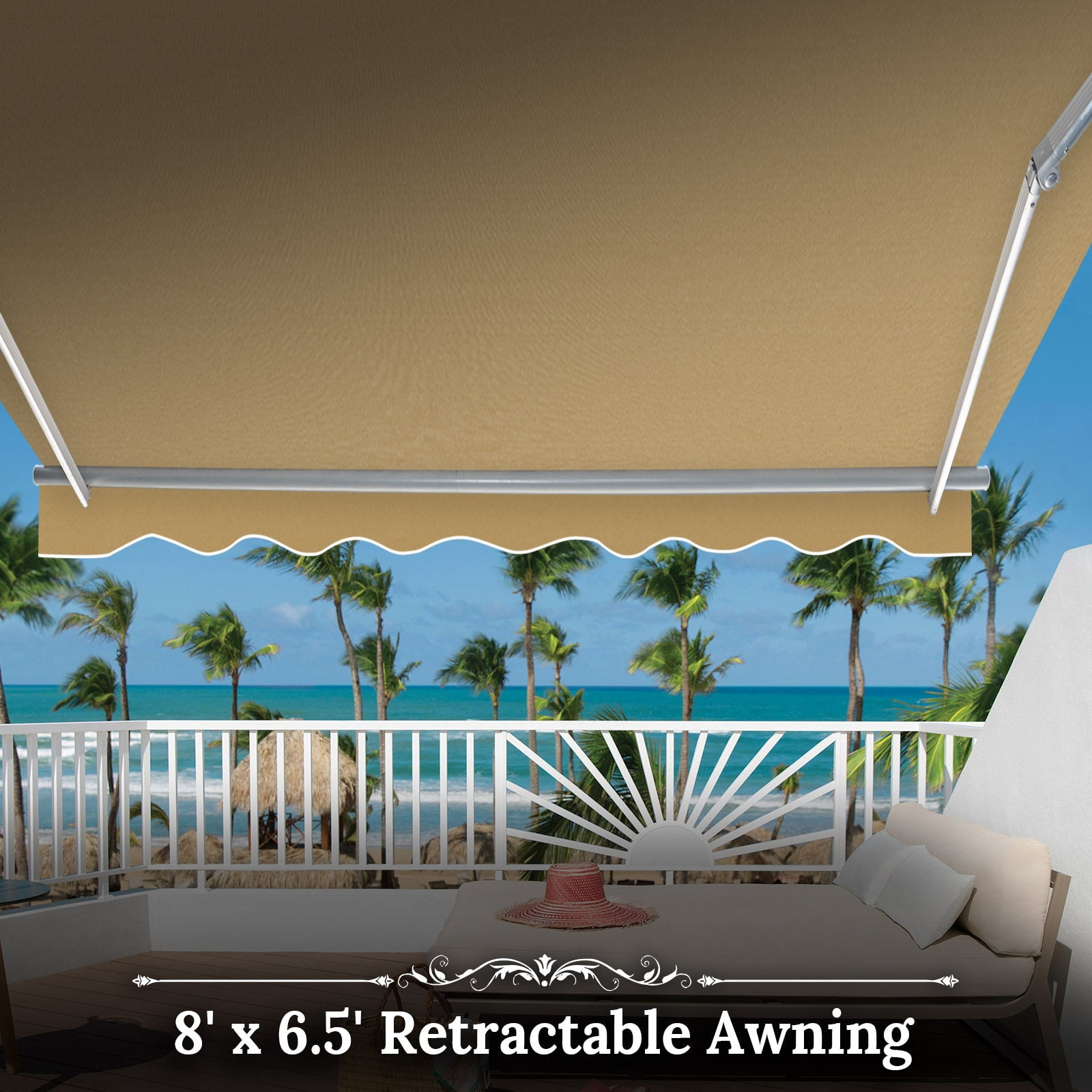 SUNNYOUTDOOR 8x6.5 FT Patio Awning Retractable Outdoor Sun Shade Manual Patio Deck Awning Heavy Duty Awning (Tan)