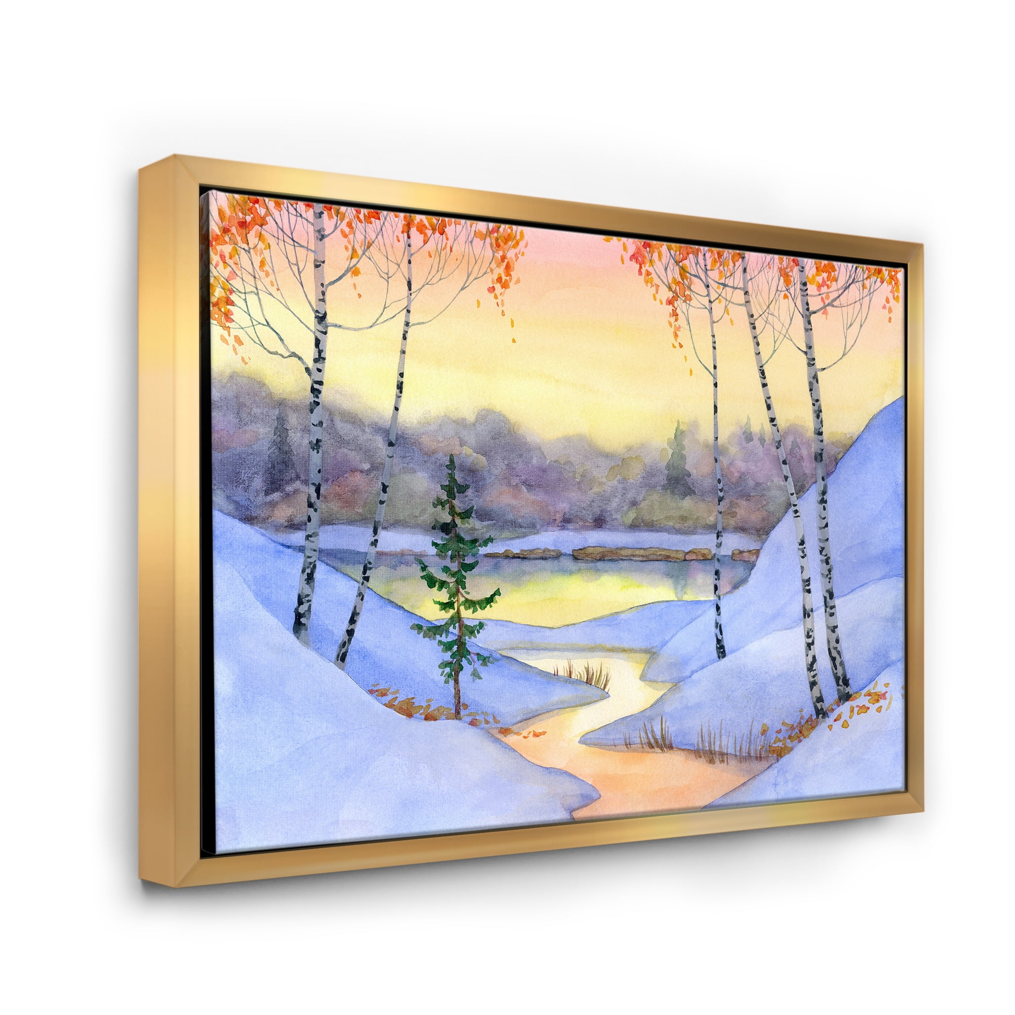 Stream Through The Winter Forest II 32 in x 24 in Framed Painting Canvas Art Print, by Designart