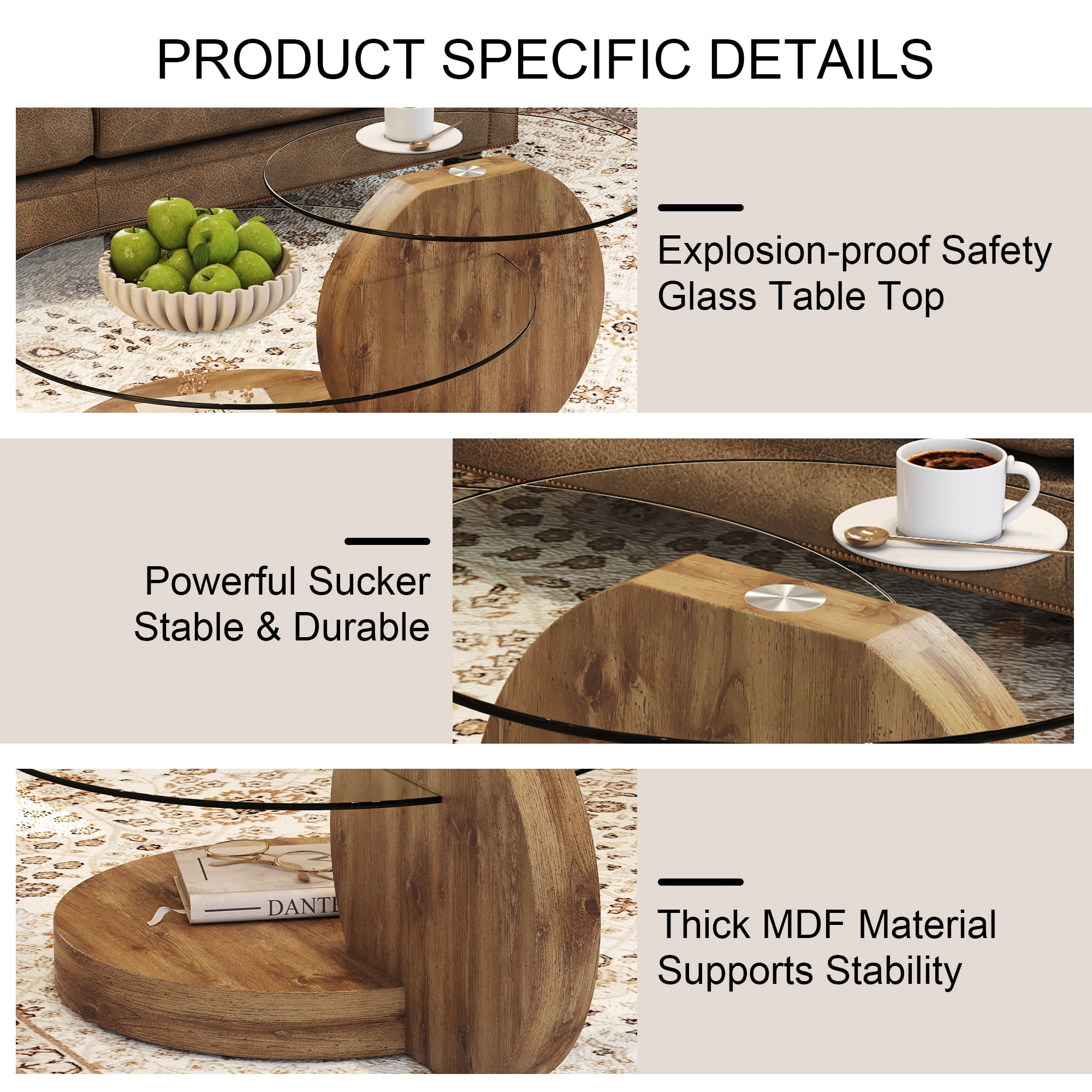 Vanress 42" Glass Coffee Table, Round Coffee Table, Modern Double Layer Round Glass Coffee Table for Living Room, Wood
