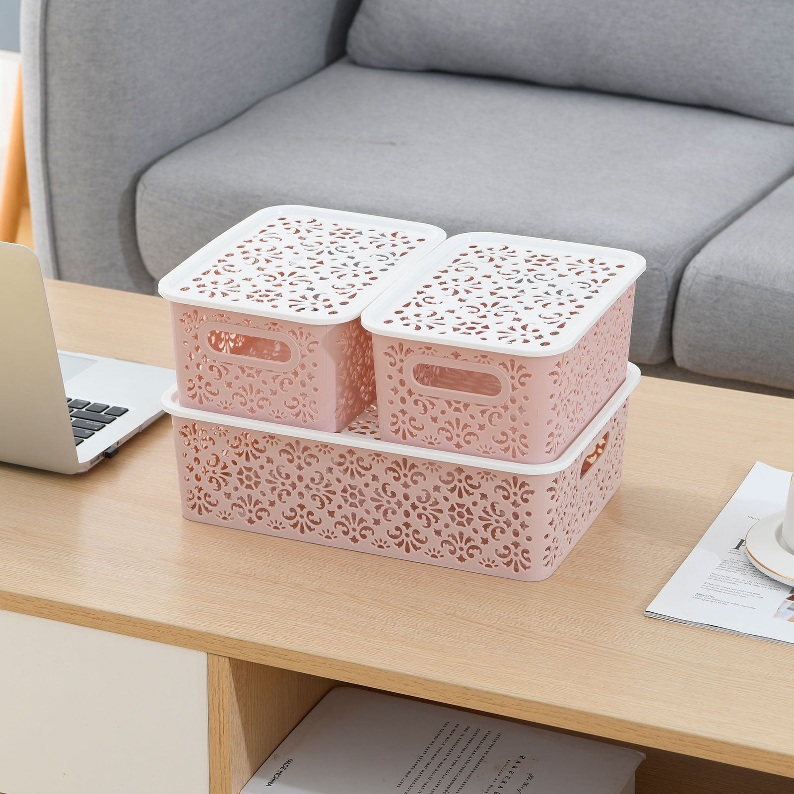 Set of 6 Stackable Lace-Design Storage Bins Plastic Home Organizer Container with Lids for Bathroom Closet Crafts, Pink