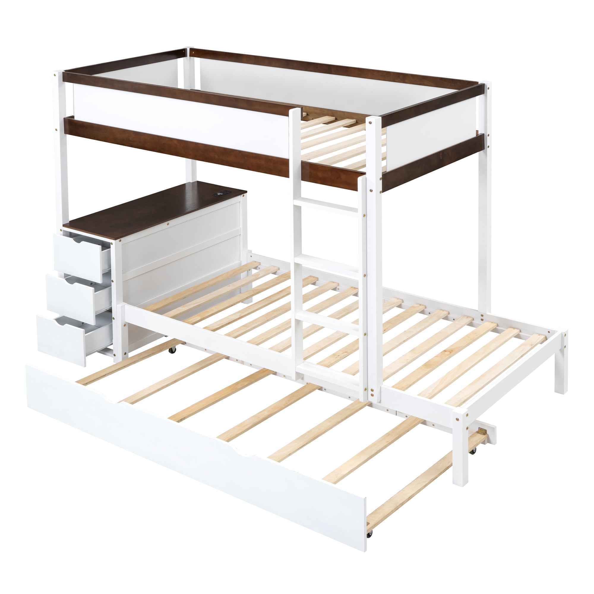 Twin over Twin Bunk Bed with Twin Size Trundle, 3 Storage Drawers and Desk, Solid Wood Kids Bunk Bed Frame with Ladder for Kids Teens Adults