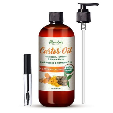 Glamology Organic USDA 100% Pure CASTOR OIL (16oz) For Thicker Eyebrows and Eyelashes, Hair Growth, Face, Skin Moisturizer, Dry Skin &