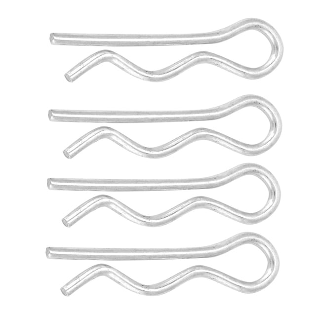 chaveta r pasador de chaveta de hierro galvanizado pasador de chaveta tipo r 4 tamaños 16/18/2/25 mm clip de sujeción del pasador de retención zinc brillante cableado de — Cinco pasadores R alineados en vista frontal, hierro galvanizado con acabado zinc brillante, bucle cerrado en un extremo y cuerpo ondulado diseñado para encajar en pernos o ejes y sujetar piezas en reparaciones y proyectos de ferretería. Fondo blanco neutro.