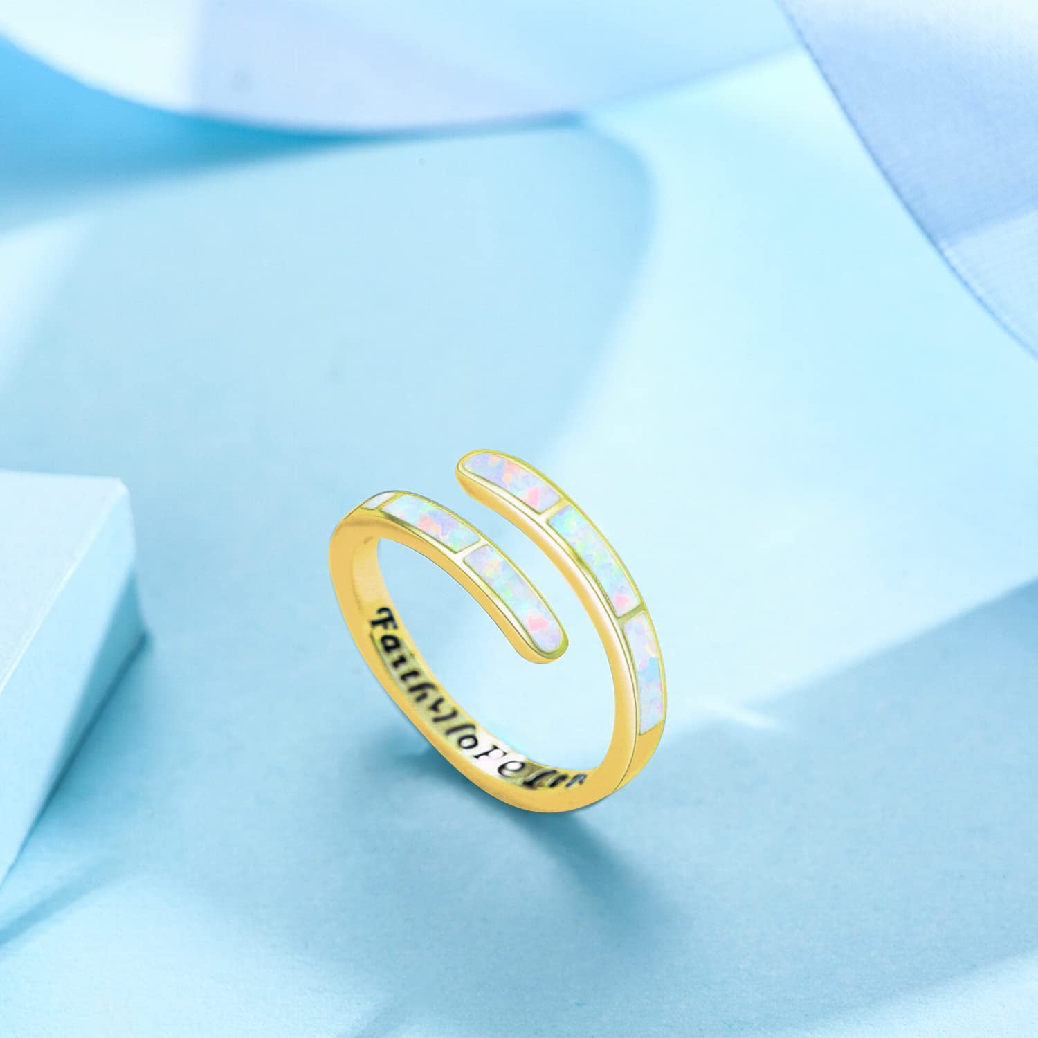 Coachuhhar Opal Rings for Women 925 Sterling Silver Faith Hope Love Rings Gold Adjustable Open Rings Opal Jewelry for Mother's Day