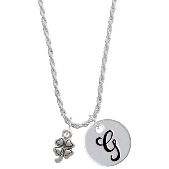 Delight Jewelry Silvertone Mini Four Leaf Clover Silvertone Script Initial Disc - G - Charm Necklace, 20"+3"