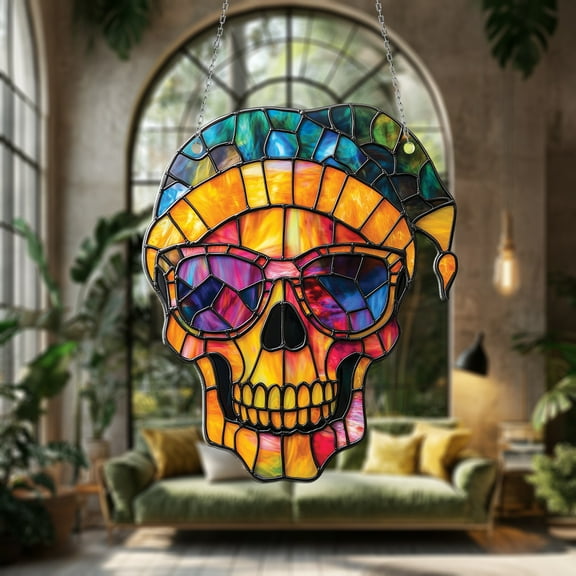 Skull Window Hanging, Stained Glass Style Car Decoration, Gothic Sun Catcher Gift for Dad or Mom, Colorful Halloween Decor, Unique Ornament, Spooky Father's Day or Mother's Day Gift