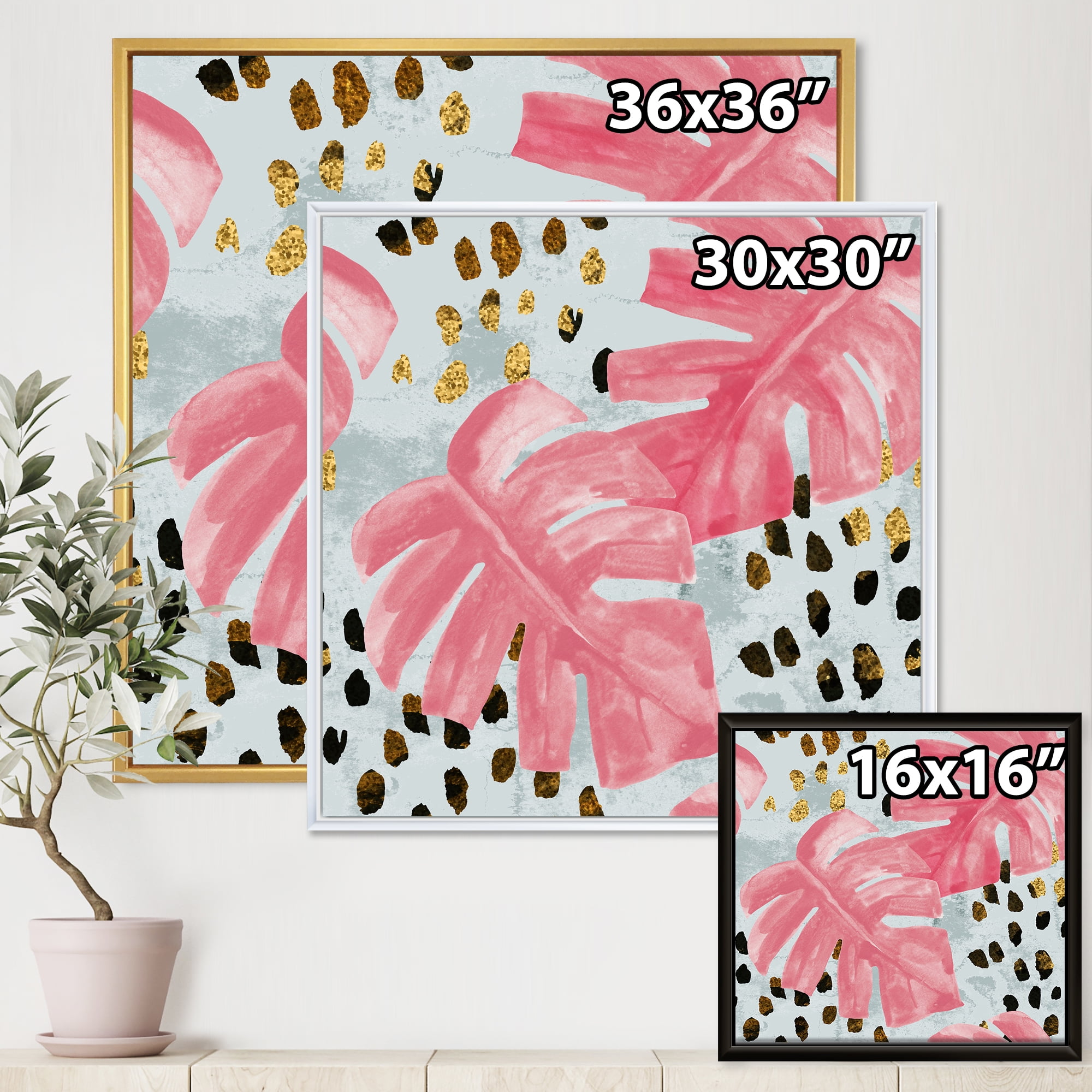 Designart 'Rough Brush Strokes Pink Colored Monstera II' Tropical Framed Canvas Wall Art Print