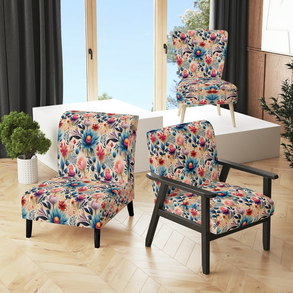Designart « Enchantement du Jardin Marocain II » Fauteuil d'Appoint Rembourré Bleu à Motif Botanique - Fauteuil à Accoudoirs Bohème et Éclectique pour Chambre