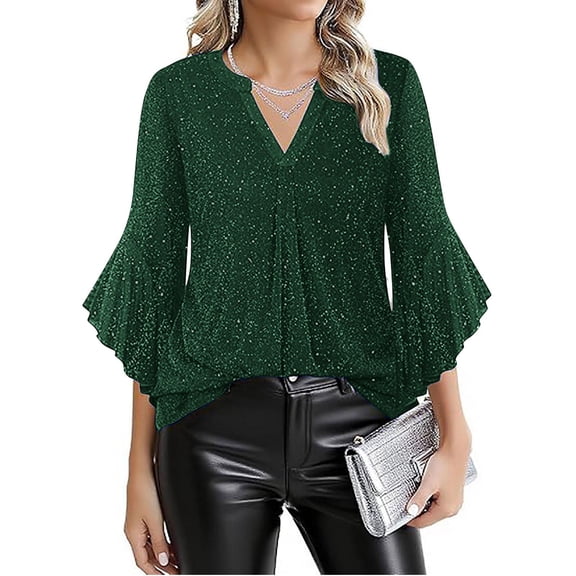 Womens Ruffle 3/4 Sleeve Sparkly Tops Sequin V Neck Blouses Dressy Elegant Fancy Glitter Shirts Green S