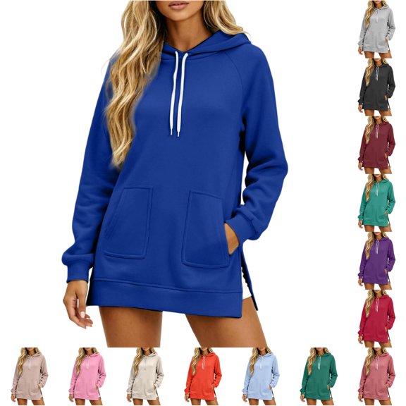 WAYUTE Hoodies for Women Long Sleeve Drawstring Side Split Hoodie Sweatshirt for Cozy Soft Lined Everyday Solid Color Pullover with Pockets Casual Daily Wear,Blue,2XL