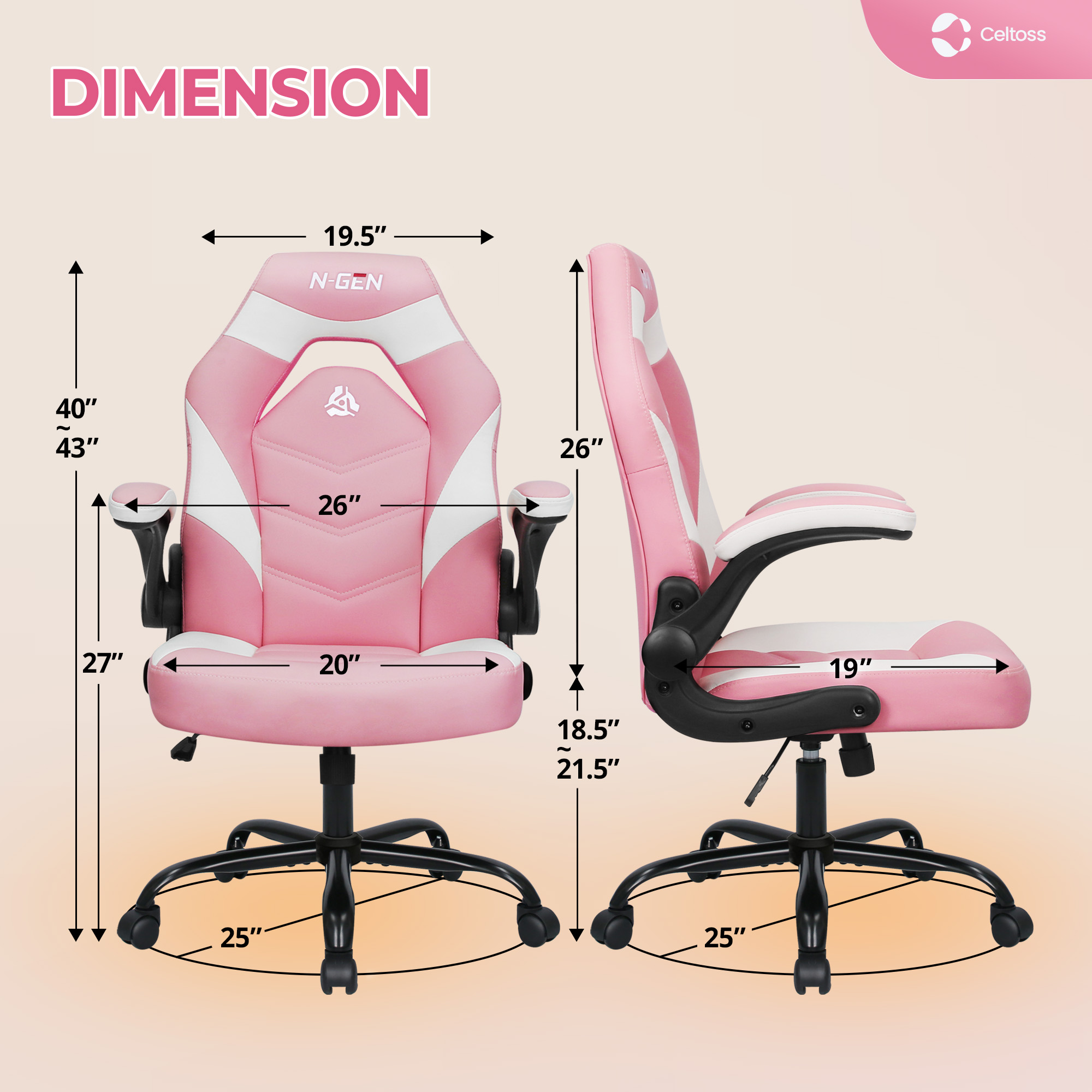 CELTOSS  Pink Gaming Chair, Flip-up Armrest Computer Chair Ergonomic Office Chair PU Leather Desk Chair Executive Adjustable Swivel Task Chair