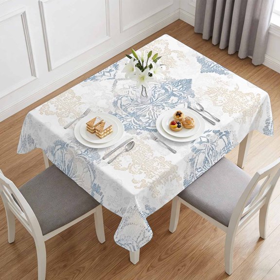 Abstract Bohemian Flowers Table Cloth 52x70in, Waterproof Rectangle Tablecloth Wipeable Tablecloths Vintage Boho Floral on White Table Covers for Dining Tables Party Indoor Outdoor