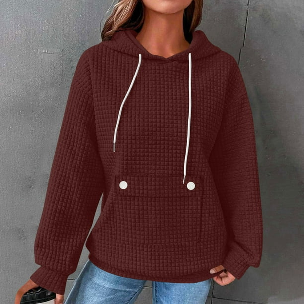 HongQid Womens Hoodies Casual Long Sleeve Drawstring Waffle Pullover Tops Loose Hooded Sweatshirt with Pocket