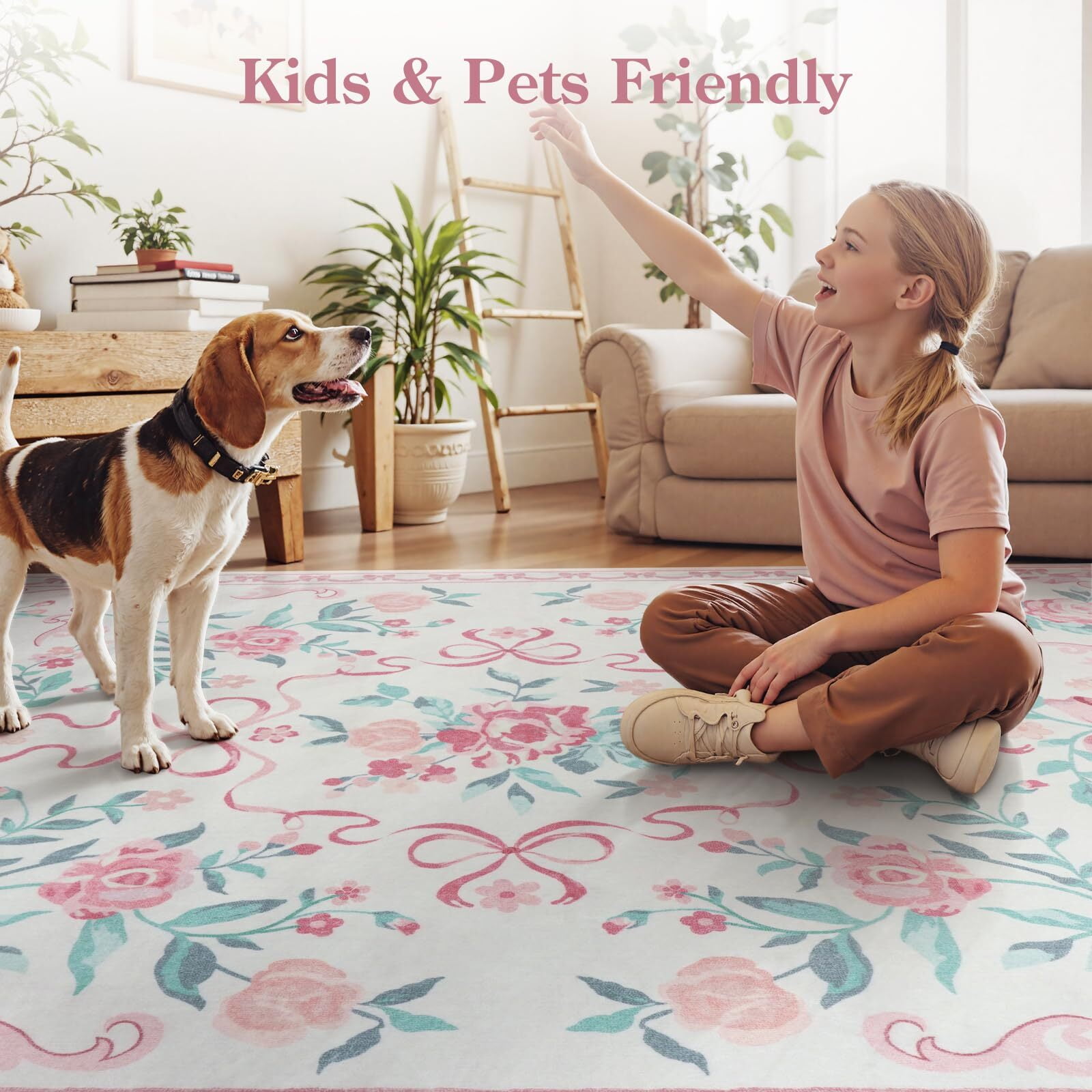 Wonnitar 3'x 5' Floral Area Rugs for Bedroom, Cute Bow Pink Rugs for Kids Room, Washable Accent Rugs Non Slip Low Pile for Nursery Room, Playroom, Vanity Room