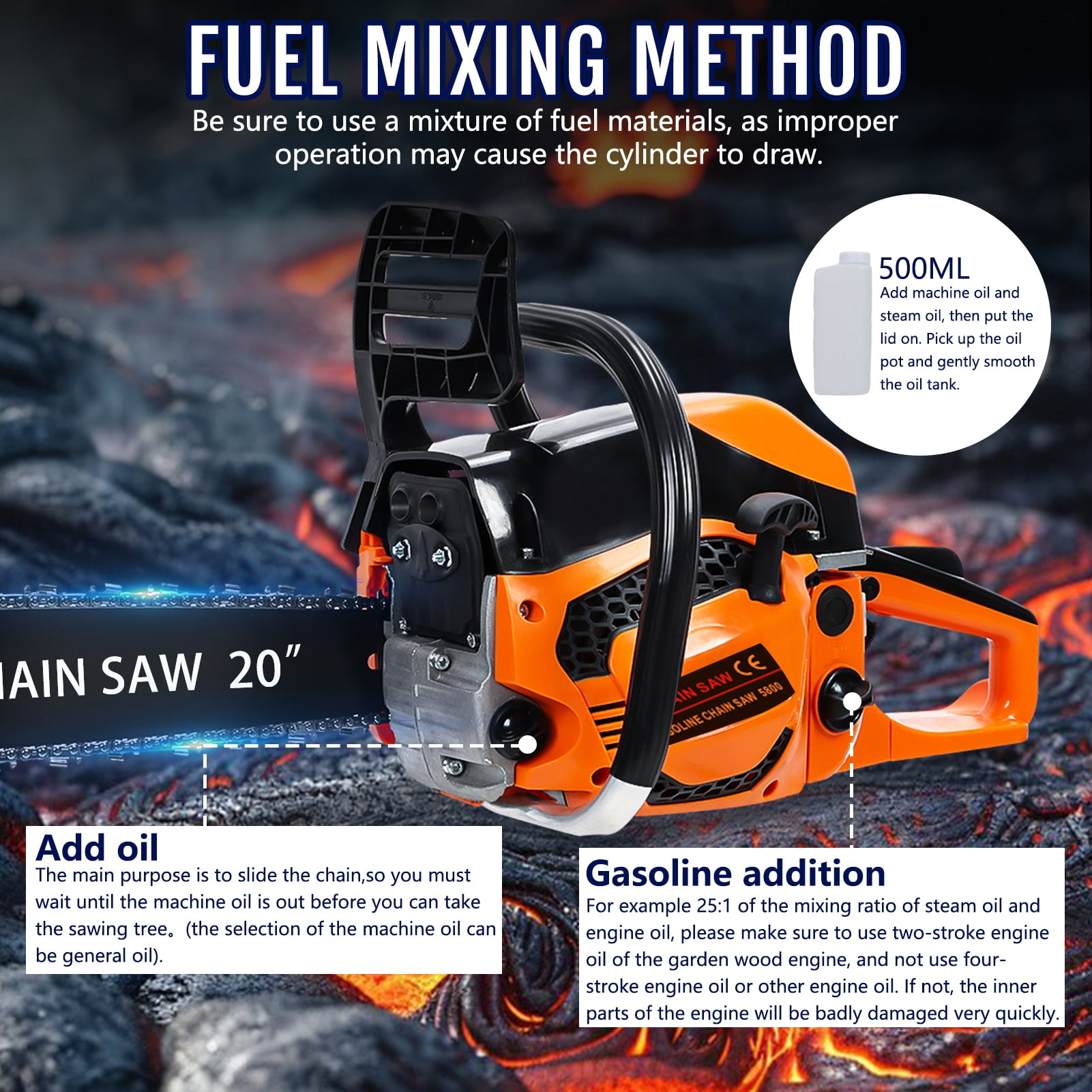 20 Inch Gas Chainsaw, 58CC 2-Stroke Gas Powered Chainsaw, Handheld Cordless Chainsaw, High-Power Logging Saw for Wood Cutting and Tree Trimming-Red