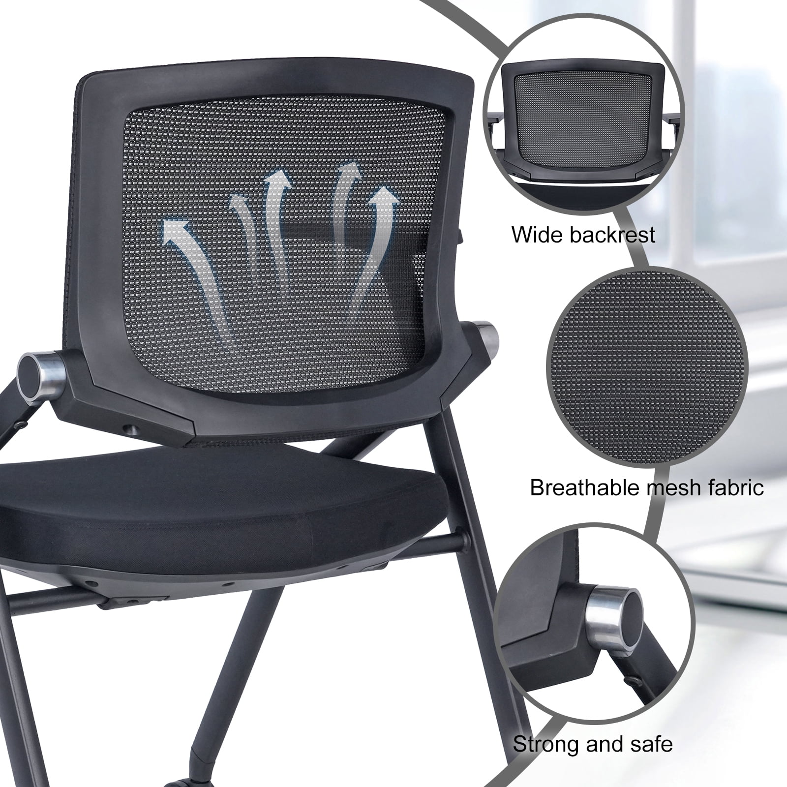 Upgraded Folding Office Chair Stackable Conference Room Chairs with Wheels and Padded Mesh Back Ergonomic for Reception Meeting, 2 Pack Black