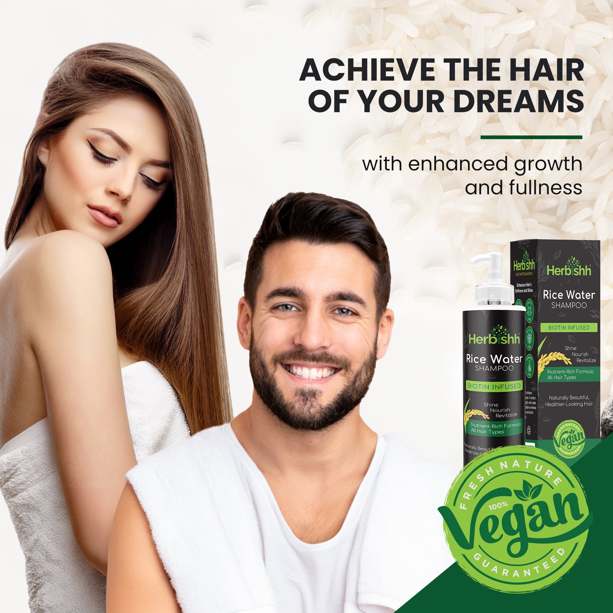 (2 pack) Herbishh Rice Water Hair Growth Shampoo - 400ml with Power of Castor Oil, Argan & Coconut Oil & Biotin | All Hair Type | Hair regrowth for Thinning Hair, Moisturizing & Volumizing | Silicone Free