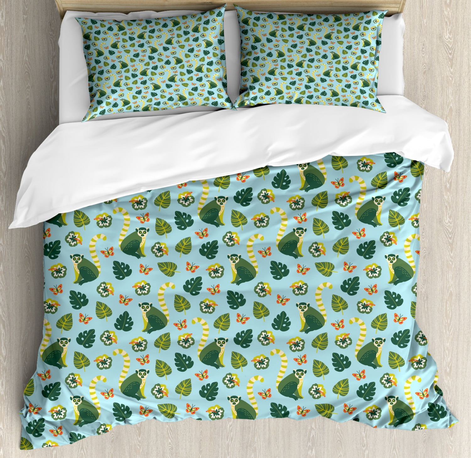 Lemur Duvet Cover Set Tropical Palm Leaves Monstera Butterfly