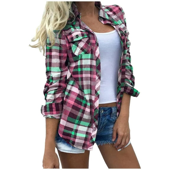 Owordtank Plaid Shirts for Women Turndown Collar Button Down Long Sleeve Shirts Casual Tops Clarence 5 Clothing Woman Wal?mart