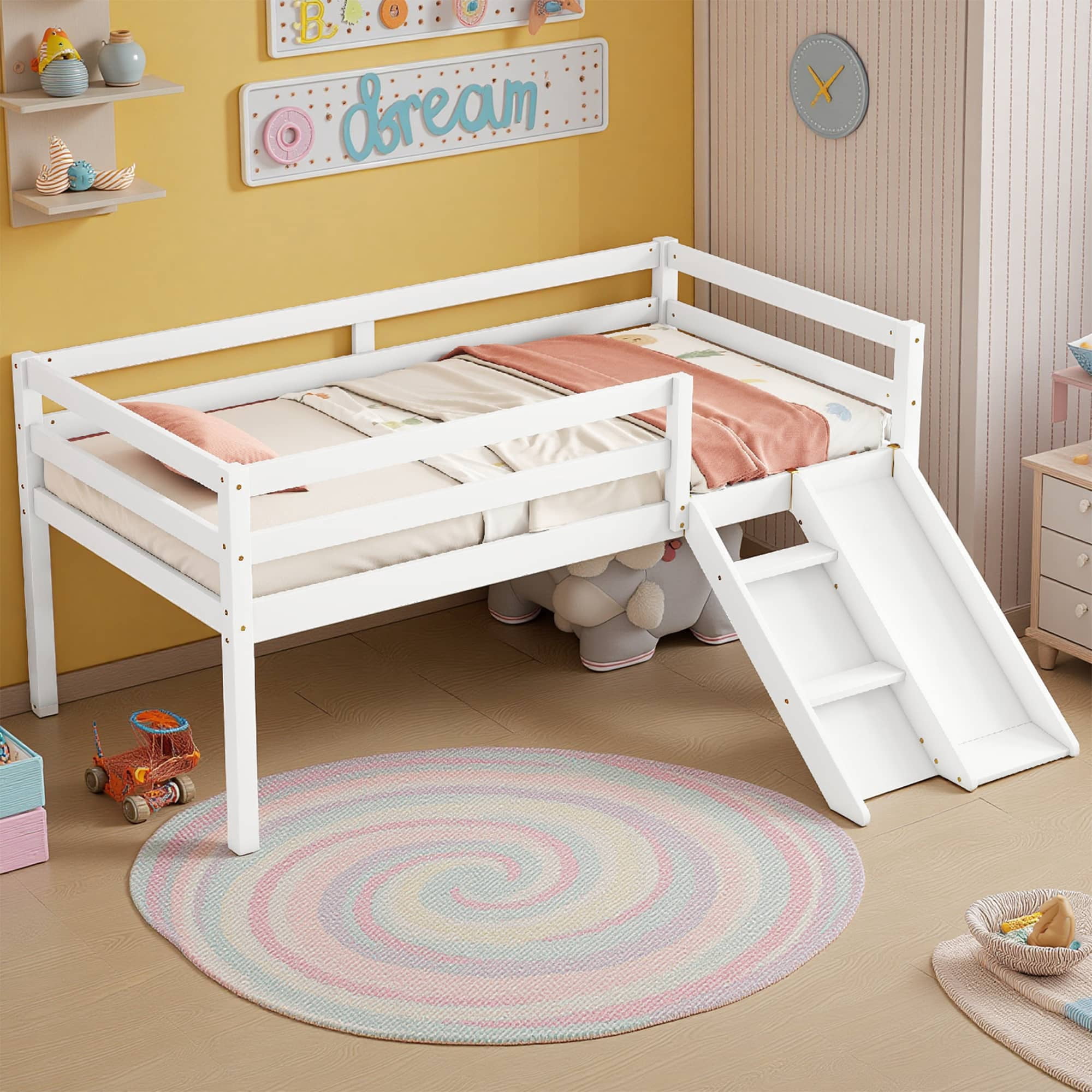 MAYEERTY Twin Loft Bed with Slide, Ladder, Safety Guardrails, House Roof Frame, White