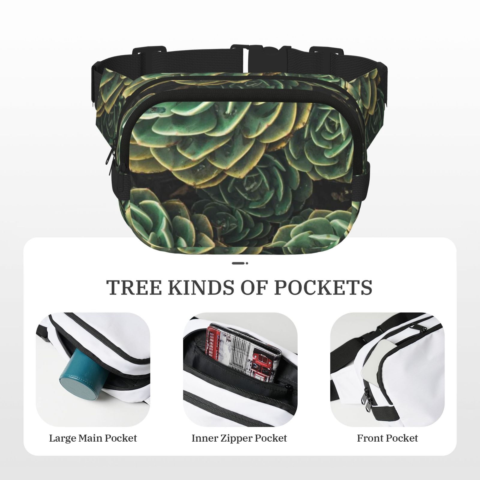 Picia Succulents Print Square Double-Layer Waist Bag Mini Adjustable Waist Belt Bag Exercise Running Travel Hiking
