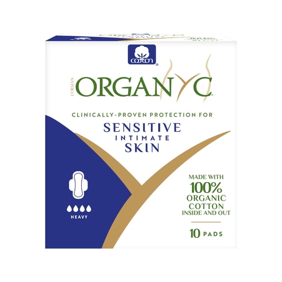 Corman Organyc Cotton Feminine Pads, Hypoallergenic, Chlorine Free, Biodegradable, Heavy Flow, 10 Count