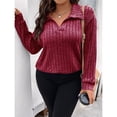 thumbnail image 4 of Suéter de Punto Informal de Talla Grande para Mujer, Cuello en V, Solapa, Color Liso, Camisa de Larga. Vino Tinto 5XL, 4 of 8