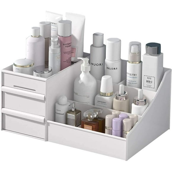 Zshan Cosmetic Organizer with Drawer - Countertop Organizer for Cosmetics, Dresser Organizer for Lipsticks, Brushes, Lotions, Eye Shadows, Nail Polish and Jewelry (White) Small