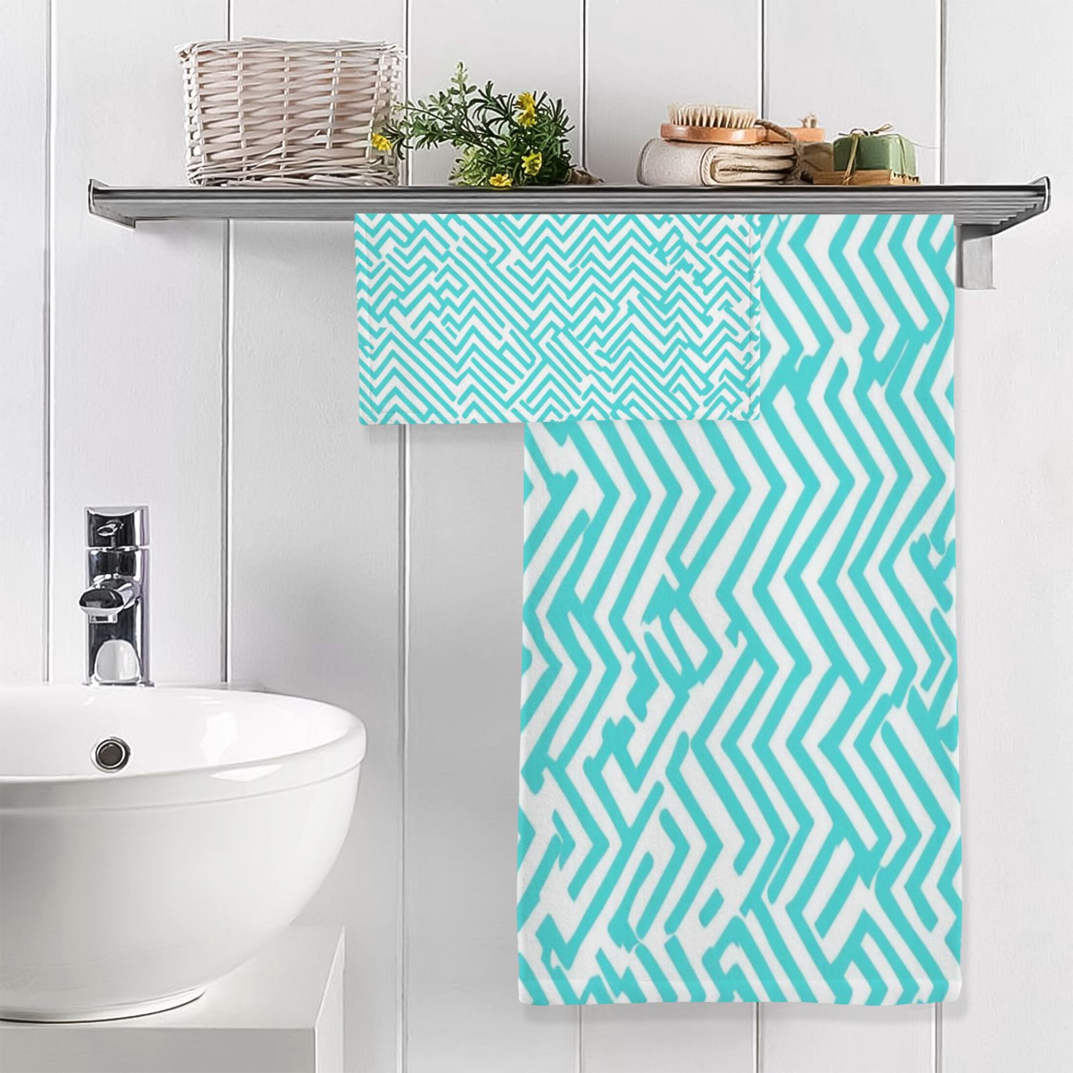 Blue Stripe Pattern 2 Piece Cotton Bath and Face Towel Set Soft and Absorbent, for Beach Pool Bathroom