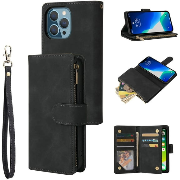 Wallet Case for iPhone 14 Pro 6.1 inch, Premium Vintage PU Leather Magnetic Closure Handbag Zipper Pocket Case Kickstand Card Slots with Wrist Strap Shockproof Flip Case - Black
