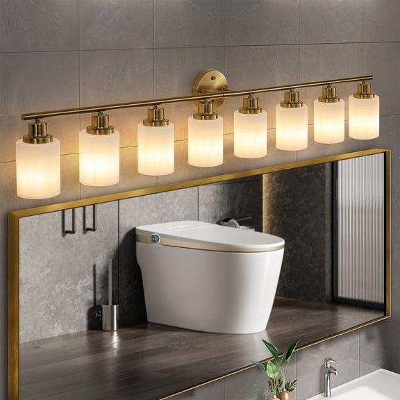 8-Light Gold Finish Modern Bathroom Vanity Light with Frosted Glass Shades - Wall Mounted Mirror Lighting for Bedroom/Bathroom (Bulbs Not Included)