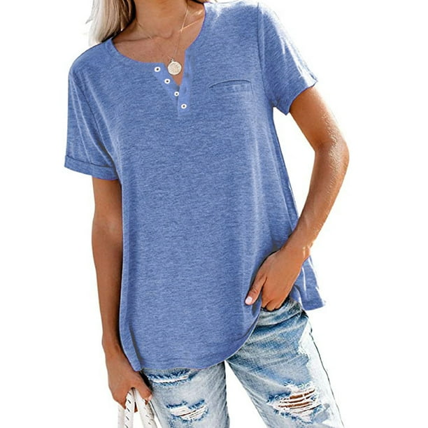 MAWCLOS Ladies T Shirt Solid Color Tops V Neck Tee Comfy Street Short Sleeve  Blouse Blue S 