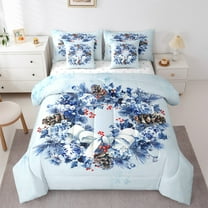 Manfei Red Christmas Berry 7-Piece Bedding Comforter Set,Xmas Flower Wreath King Bedding Sets,Blue Red Bed Sheets For Kids,Microfiber Bedroom Decor