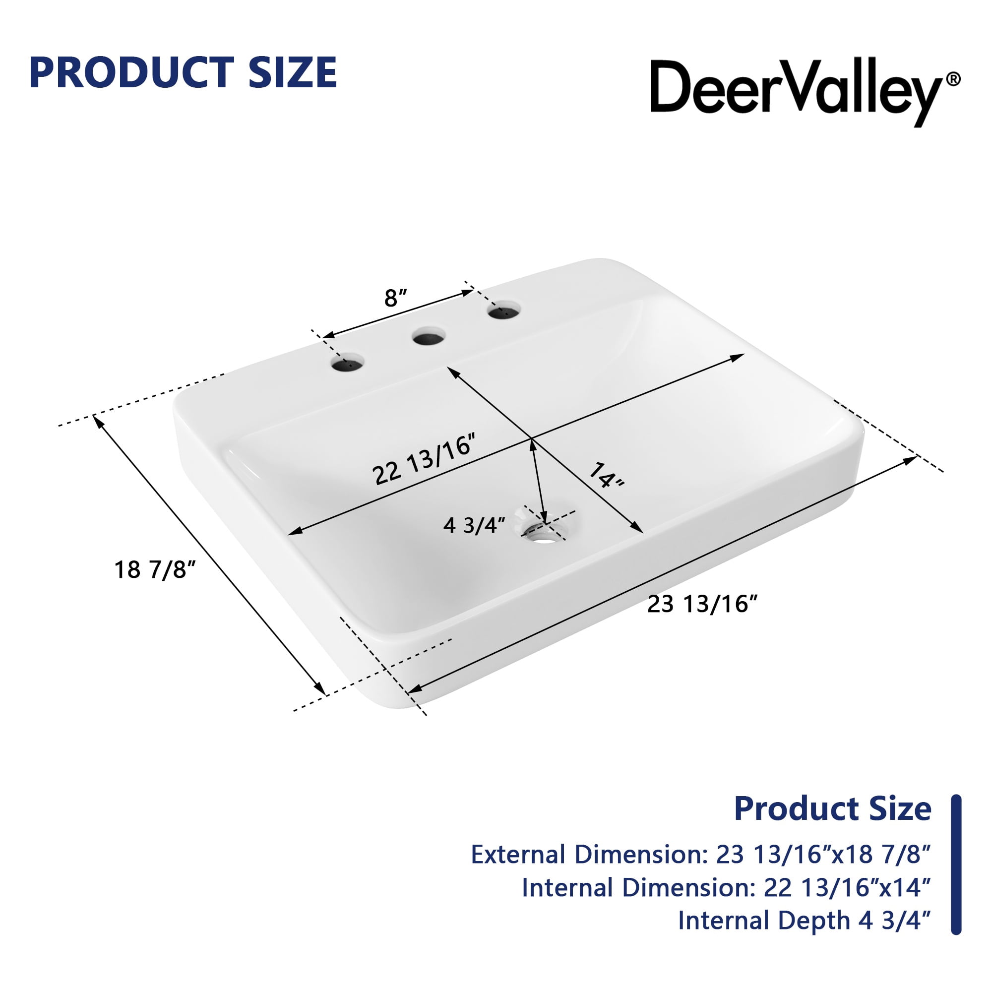 DV-1DS0121 DeerValley 23.82" L x 18.9" W x 6.69" H White Rectangular Vitreous China Drop-in Bathroom Sink with Overflow