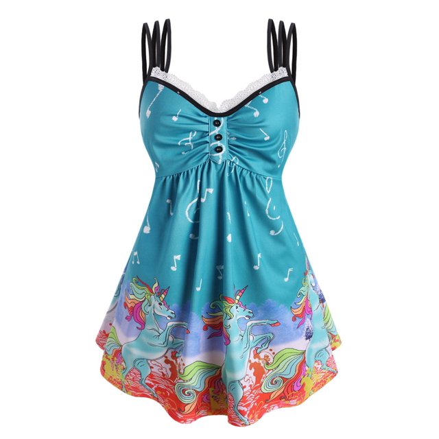 Talla grande Unicornio Notas musicales TRIPLE Strap Cami Top Rosegal Camisetas sin mangas de talla grande