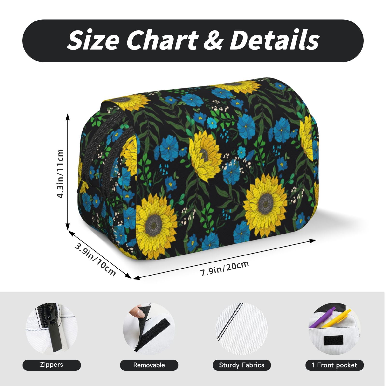 Rateoe Sunflowers And Blue Flower Pattern Double Clamshell Pen Case, Storage Organizer with Two Zipper Compartments– Holds Up to 50 Pencils & Pens