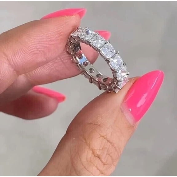 14k White Gold Plated 3Ct Cushion Cut -Simulated Diamond Eternity Wedding Band