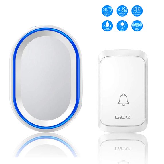 Wireless Doorbell Waterproof Door bells Chimes with Mute Mode 58 Doorbell Wireless 4 Volume Levels 1000ft Range with LED Strobe White