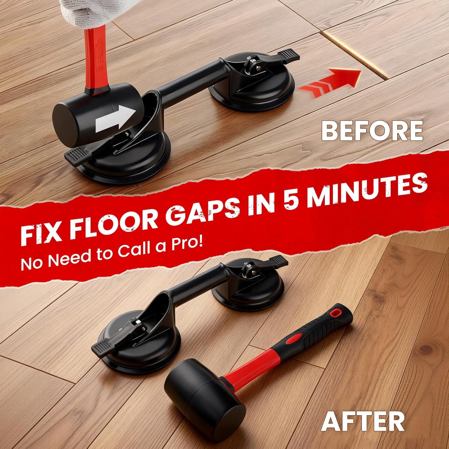 Floor Gap Fixer Tool Kit for LVP Laminate Vinyl Floors - DIY Installation & Repair Set with Suction Cup, 2 Rubber Mallets, Pull Bar for Homeowners & Handymen
