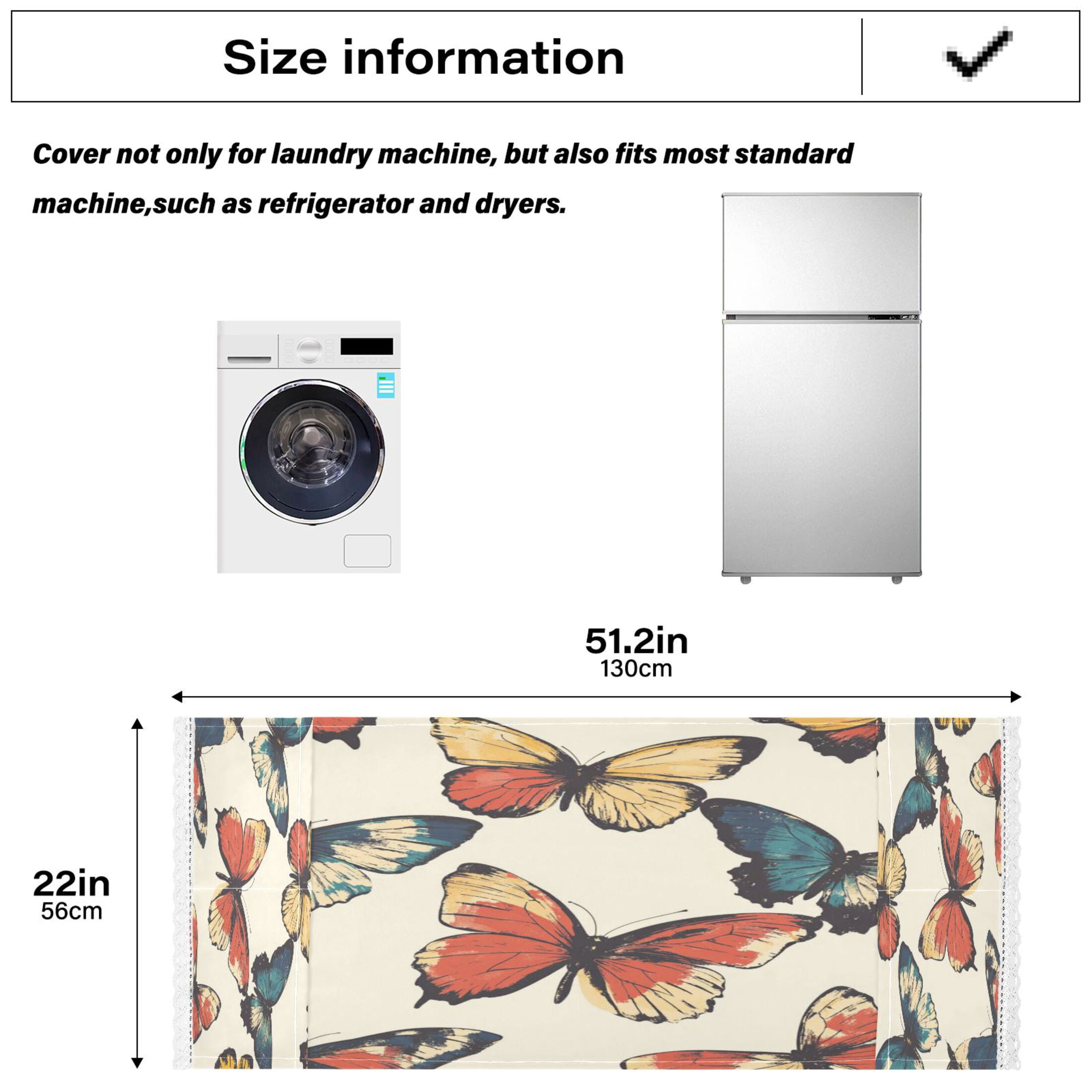 Colourful ButterflyWasher and Dryer Covers Dust-Proof and Oil Resistant Fridge Cover with 4 Storage Pockets Washing Machine Top Cover for Laundry Kitchen Home 51.2 x 22 In